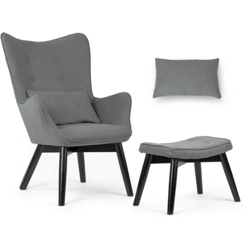 Lábtartós fotel, Sofotel Norse, szürke/fekete, lábtartóval, füles kialakítás, kárpitozott, bükkfa, filccel alábélelt lábak, levehető huzatú párna, skandináv stílus