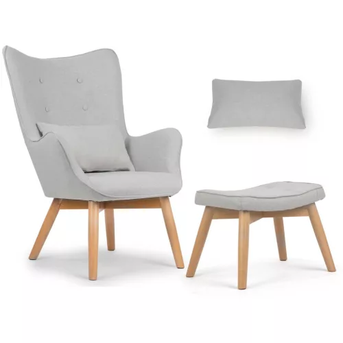 Lábtartós fotel, Sofotel Norse, világosszürke, lábtartóval, füles kialakítás, kárpitozott, bükkfa, filccel alábélelt lábak, levehető huzatú párna, skandináv stílus