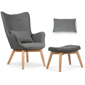   Lábtartós fotel, Sofotel Norse, szürke, lábtartóval, füles kialakítás, kárpitozott, bükkfa, filccel alábélelt lábak, levehető huzatú párna, skandináv stílus