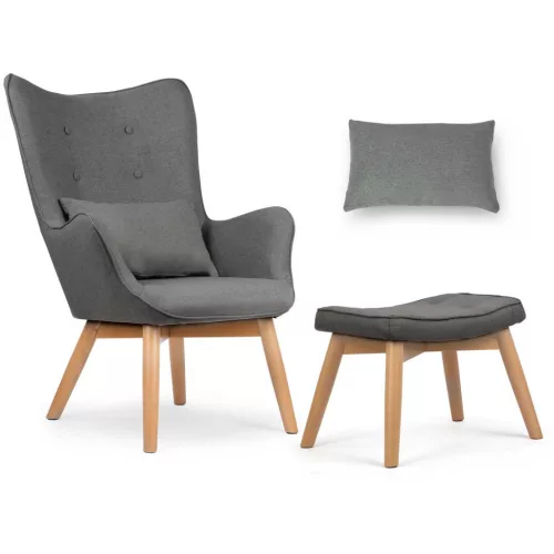 Lábtartós fotel, Sofotel Norse, szürke, lábtartóval, füles kialakítás, kárpitozott, bükkfa, filccel alábélelt lábak, levehető huzatú párna, skandináv stílus