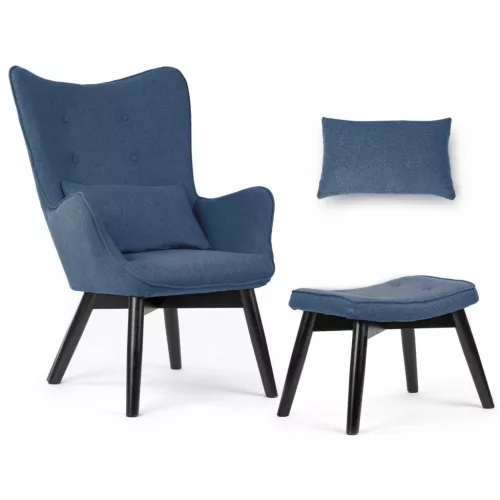 Lábtartós fotel, Sofotel Norse, kék/fekete, lábtartóval, füles kialakítás, kárpitozott, bükkfa, filccel alábélelt lábak, levehető huzatú párna, skandináv stílus