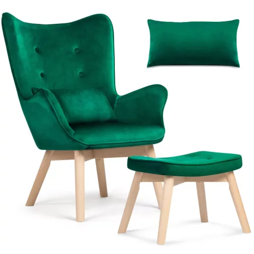 Lábtartós fotel, Sofotel Norse, zöld, lábtartóval, füles kialakítás, kárpitozott, bükkfa, filccel alábélelt lábak, levehető huzatú párna, skandináv stílus