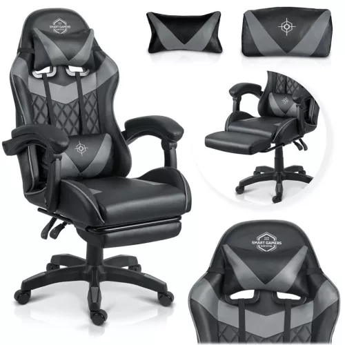 Gamer szék, Sofotel Draknor II, fekete-szürke, 36–46 cm ülésmagasság, lábtartós, dönthető, derék- és fejpárnával, 150 kg teherbírás