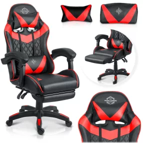   Gamer szék, Sofotel Draknor II, fekete-piros, 36–46 cm ülésmagasság, lábtartós, dönthető, derék- és fejpárnával, 150 kg teherbírás