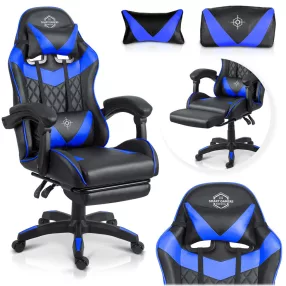   Gamer szék, Sofotel Draknor II, fekete-kék, 36–46 cm ülésmagasság, lábtartós, dönthető, derék- és fejpárnával, 150 kg teherbírás