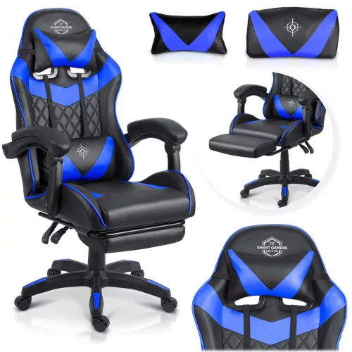 Gamer szék, Sofotel Draknor II, fekete-kék, 36–46 cm ülésmagasság, lábtartós, dönthető, derék- és fejpárnával, 150 kg teherbírás