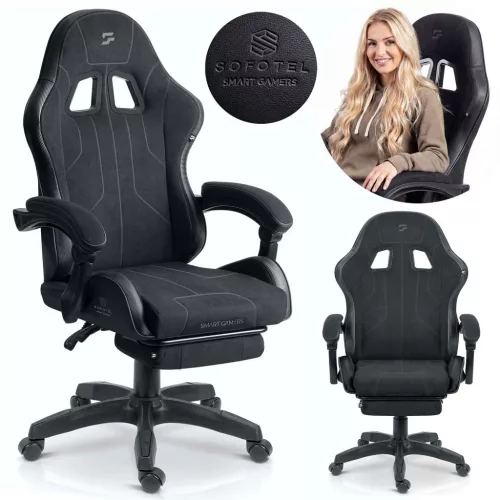 Gamer szék, Sofotel Lokar, fekete, 36-46 cm ülésmagasság, gumírozott kerekek, lábtartós, dönthető, 120 kg teherbírás