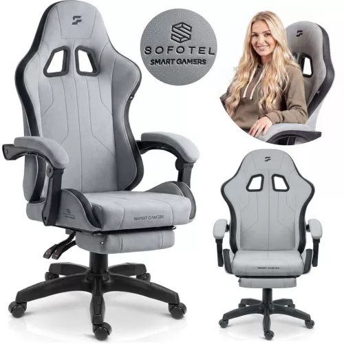 Gamer szék, Sofotel Lokar, világosszürke, 36-46 cm ülésmagasság, gumírozott kerekek, lábtartós, dönthető, 120 kg teherbírás