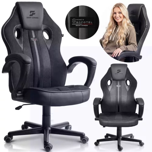 Gamer szék, Sofotel Master, fekete, 33-45 cm ülésmagasság, gumírozott kerekek, fejpárnával, 120 kg teherbírás