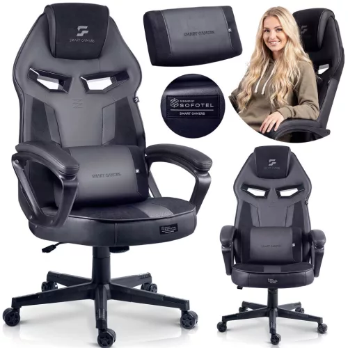 Gamer szék, Sofotel Furon, fekete, 37-57 cm ülésmagasság, gumírozott kerekek, derék- és fejpárnával, 120 kg teherbírás