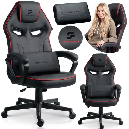 Gamer szék, Sofotel Furon, fekete/piros, 37-57 cm ülésmagasság, gumírozott kerekek, derék- és fejpárnával, 120 kg teherbírás