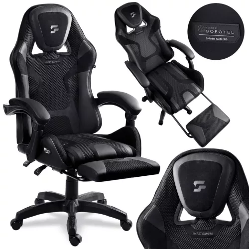 Gamer szék, Sofotel Specter, fekete, 42-52 cm ülésmagasság, gumírozott kerekek, lábtartós, dönthető, fejpárnával, 120 kg teherbírás