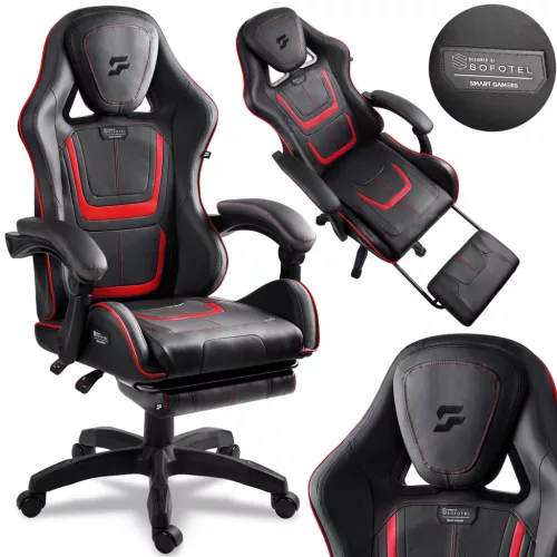 Gamer szék, Sofotel Specter, fekete/piros, 42-52 cm ülésmagasság, gumírozott kerekek, lábtartós, dönthető, fejpárnával, 120 kg teherbírás