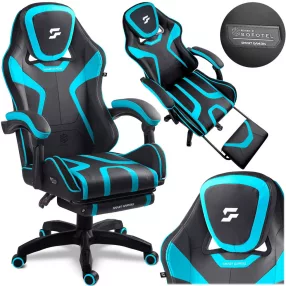   Gamer szék, Sofotel Specter, fekete/türkiz, 42-52 cm ülésmagasság, gumírozott kerekek, lábtartós, dönthető, fejpárnával, 120 kg teherbírás