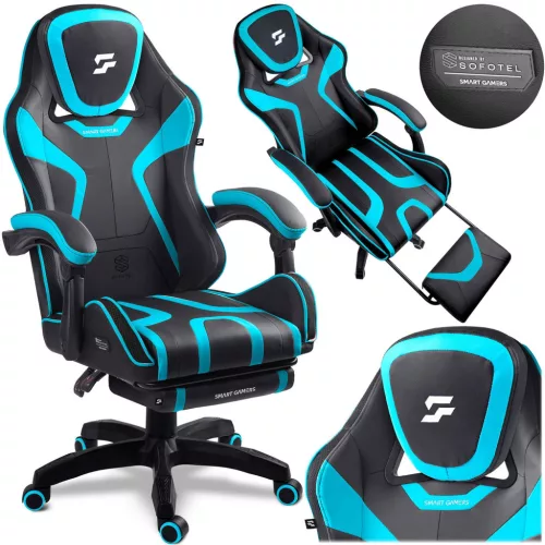 Gamer szék, Sofotel Specter, fekete/türkiz, 42-52 cm ülésmagasság, gumírozott kerekek, lábtartós, dönthető, fejpárnával, 120 kg teherbírás