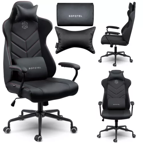 Irodai szék, Sofotel Verona, fekete, 41–48 cm ülésmagasság, hintafunkció, gázliftes magasságállítás, műbőr kárpit, gumírozott kerekek, fém talp, deréktámasz és fejpárna, 120 kg teherbírás