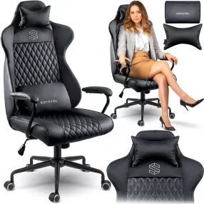   Irodai szék, Sofotel Verona, fekete, 41–48 cm ülésmagasság, hintafunkció, gázliftes magasságállítás, műbőr kárpit, gumírozott kerekek, fém talp, deréktámasz és fejpárna, 120 kg teherbírás