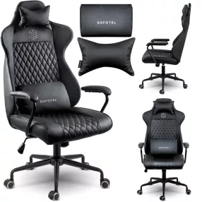   Irodai szék, Sofotel Verona, fekete, 41–48 cm ülésmagasság, hintafunkció, gázliftes magasságállítás, műbőr kárpit, gumírozott kerekek, fém talp, deréktámasz és fejpárna, 120 kg teherbírás