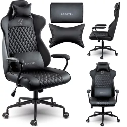 Irodai szék, Sofotel Verona, fekete, 41–48 cm ülésmagasság, hintafunkció, gázliftes magasságállítás, műbőr kárpit, gumírozott kerekek, fém talp, deréktámasz és fejpárna, 120 kg teherbírás
