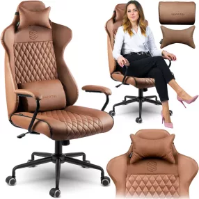   Irodai szék, Sofotel Verona, barna, 41–48 cm ülésmagasság, hintafunkció, gázliftes magasságállítás, műbőr kárpit, gumírozott kerekek, fém talp, deréktámasz és fejpárna, 120 kg teherbírás