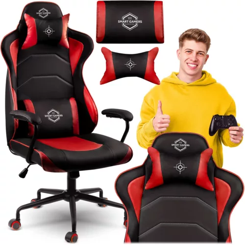 Gamer szék, Sofotel Katarina, piros, 41-48 cm, állítható magasság, hintáztatható, műbőr, gumírozott kerekek, derék- és fejpárnával