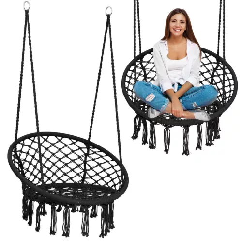 Függőszék, Sofotel Boho, fekete, 80 x 63 cm ülés, fém váz, 100 cm poliészter–pamut kötél, 150 kg teherbírás, beltéri/kültéri