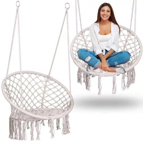 Függőszék, Sofotel Boho, bézs, 80 x 63 cm ülés, fém váz, 100 cm poliészter–pamut kötél, 150 kg teherbírás, beltéri/kültéri