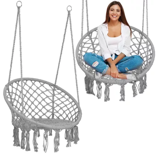 Függőszék, Sofotel Boho, szürke, 80 x 63 cm ülés, fém váz, 100 cm poliészter–pamut kötél, 150 kg teherbírás, beltéri/kültéri