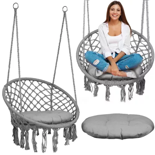 Függőszék, Sofotel Boho, szürke, 80 x 63 cm ülés, fém váz, 100 cm poliészter–pamut kötél, párnával, 150 kg teherbírás, beltéri/kültéri