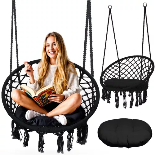Függőszék, Sofotel Boho, fekete, 80 x 63 cm ülés, fém váz, 100 cm poliészter–pamut kötél, párnával, 150 kg teherbírás, beltéri/kültéri