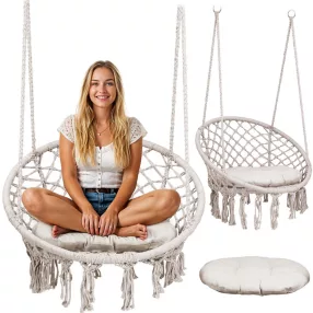   Függőszék, Sofotel Boho, bézs, 80 x 63 cm ülés, fém váz, 100 cm poliészter–pamut kötél, párnával, 150 kg teherbírás, beltéri/kültéri
