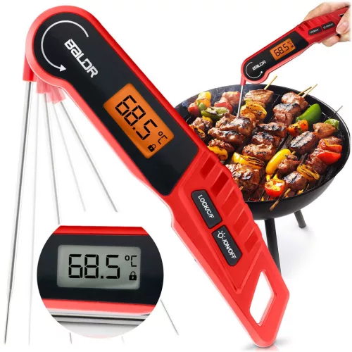 Digitális húshőmérő, Baldr BD-130, piros/fekete, 14 cm szonda, IPX6 vízálló, LCD kijelző, 180°-ban kihajtható, -50 - 300 °C, elemes (2× AAA - nem tartozék) (TE313000)