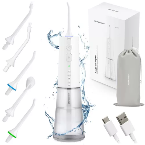 Akkumulátoros szájzuhany, Berdsen BD-210, fehér, 5 üzemmód, 300 ml, impulzusok száma: 1800/perc, maximum 9 bar, 360°-os fej, IPX7 vízálló, USB-C