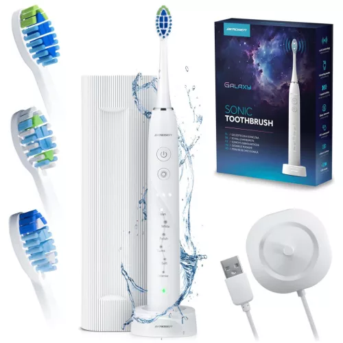 Szónikus elektromos fogkefe, Berdsen Galaxy, fehér, 6 üzemmód, 3 fokozat, 40 000 rezgés/perc, IPX8 vízálló, akkumulátoros, indukciós töltés, 3 pótfej