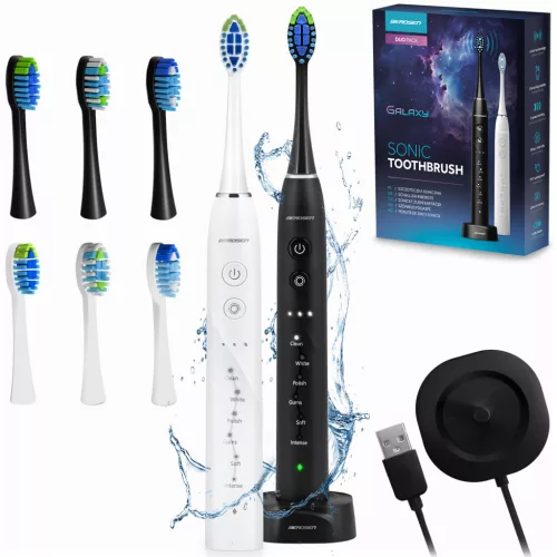 Szónikus elektromos fogkefe szett, Berdsen Galaxy Duo, 2 db, fehér és fekete, 6 üzemmód, 3 fokozat, 40 000 rezgés/perc, IPX8 vízálló, akkumulátoros, indukciós töltés, 6 pótfej