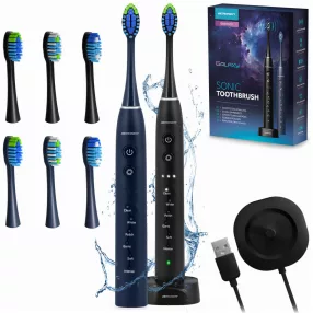   Szónikus elektromos fogkefe szett, Berdsen Galaxy Duo, 2 db, sötétkék és fekete, 6 üzemmód, 3 fokozat, 40 000 rezgés/perc, IPX8 vízálló, akkumulátoros, indukciós töltés, 6 pótfej