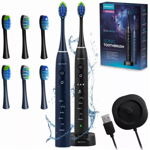 Szónikus elektromos fogkefe szett, Berdsen Galaxy Duo, 2 db, sötétkék és fekete, 6 üzemmód, 3 fokozat, 40 000 rezgés/perc, IPX8 vízálló, akkumulátoros, indukciós töltés, 6 pótfej