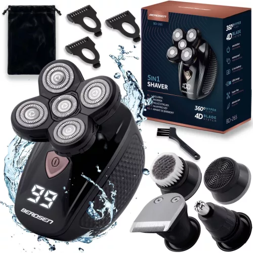 Akkumulátoros univerzális vágó, Berdsen BD-265, fekete, 5 W, 5 cserélhető fej, 3-5-7 mm, kétrétegű ollók, IPX7 vízálló, LCD kijelzős, Li-Ion 3,7 V 600 mAh, USB-C töltés