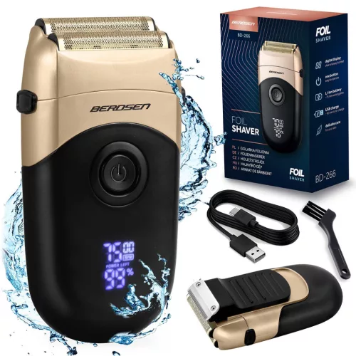 Akkumulátoros borotva, Berdsen BD-266, fekete, 5 W, kétrétegű ollók,  Li-ion 3,7 V 900 mAh, USB-C töltés