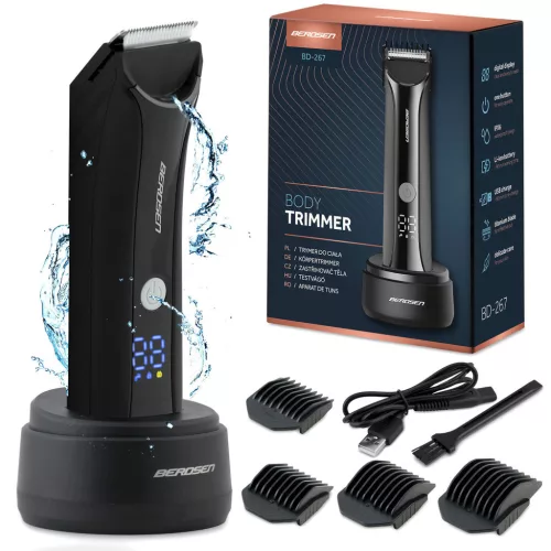 Akkumulátoros testszőrnyíró, Berdsen BD-267, fekete, 5 W, acél penge, 3-12 mm, LCD kijelzős, Li-ion 3,7 V 600 mAh, USB-C töltés