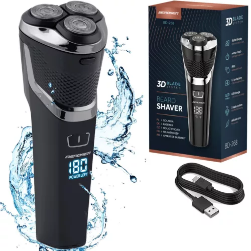 Akkumulátoros borotva, Berdsen BD-268, fekete, 5W, forgófejes, LCD kijelző, Li-Ion 3,7 V, 2000 mAh, USB‑C töltés