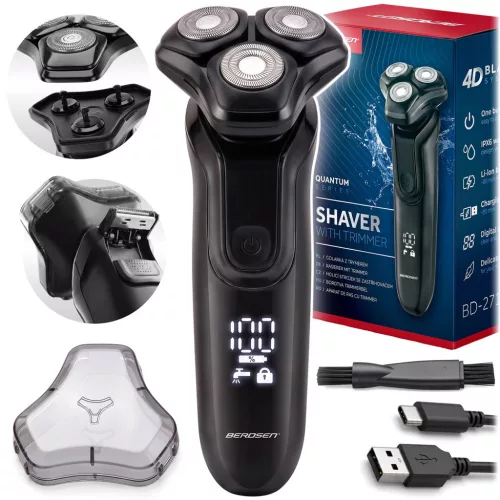 Akkumulátoros borotva trimmelővel, Berdsen BD-271, fekete, 5 W, forgófejes, LCD kijelző, Li-ion 3,7 V 800 mAh, USB-C töltés