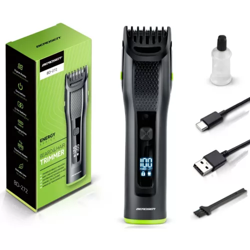 Akkumulátoros haj- és szakállvágó, Berdsen BD-272, fekete, 5 W, 2 az 1-ben, acél penge, 1-11 mm, LCD kijelzős, Li-ion 3,7 V 1200 mAh, USB-C töltés