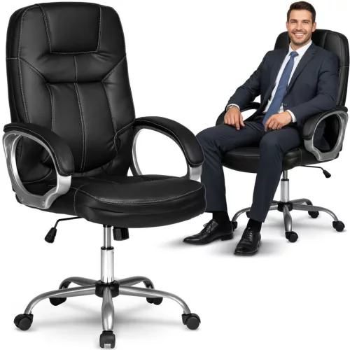 Irodai szék, Sofotel 355, fekete, 109–116 cm, bőr kárpit, ergonomikus, dönthető, állítható magasság, gumírozott kerekek, 120 kg teherbírás