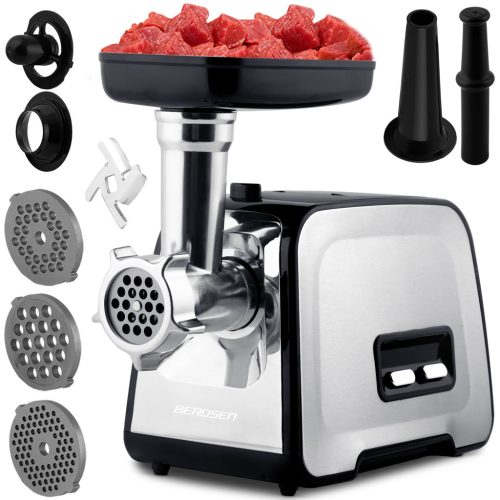 Berdsen BD-601A húsdaráló, 450/1200 W, ezüst/fehér, rozsdamentes acél kés és tárcsa, visszaforgató funkció, csúszásmentes talp