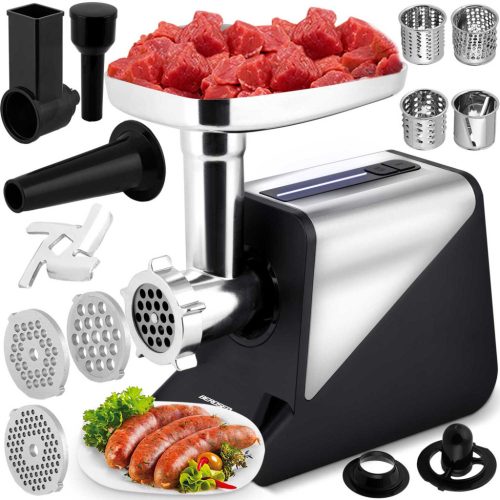 Húsdaráló, Berdsen, BD-602, ezüst, 800/2000 W, rozsdamentes acél kések és tárcsák, visszaforgás funkció, csúszásmentes gumitalp