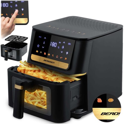 Air Fryer forrólevegős sütő, Berdsen BD-655, 6,5 l, fekete, olaj nélküli sütés, érintőkijelzős, 8 programos, ablakos kosár, LED világítás, 1700 W