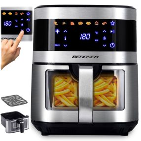   Air Fryer forrólevegős sütő, Berdsen BD-656, 9,1 l, ezüst/fekete, olaj nélküli sütés, érintőkijelzős, 7 programos, ablakos kosár, LED világítás, 1700 W
