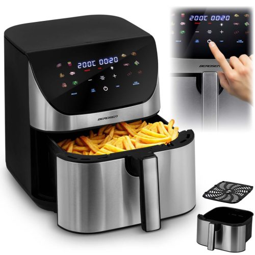 Air Fryer forrólevegős sütő, Berdsen BD-659, 8 l, ezüst/fekete, olaj nélküli sütés, érintőkijelzős, 12 programos, emlékeztető ételfordításra, 1700 W