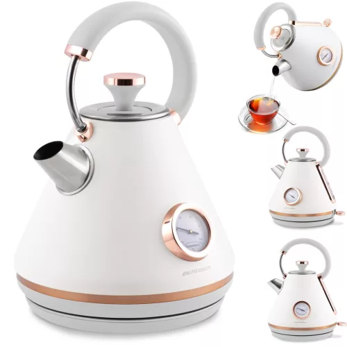 Vízforraló, Berdsen BD-701, 1700 ml, fehér, 1850-2200 W, fém ház, szárazonforrás elleni védelem, 360°-os talp, világító kapcsoló, kivehető vízkőszűrő, hőmérővel